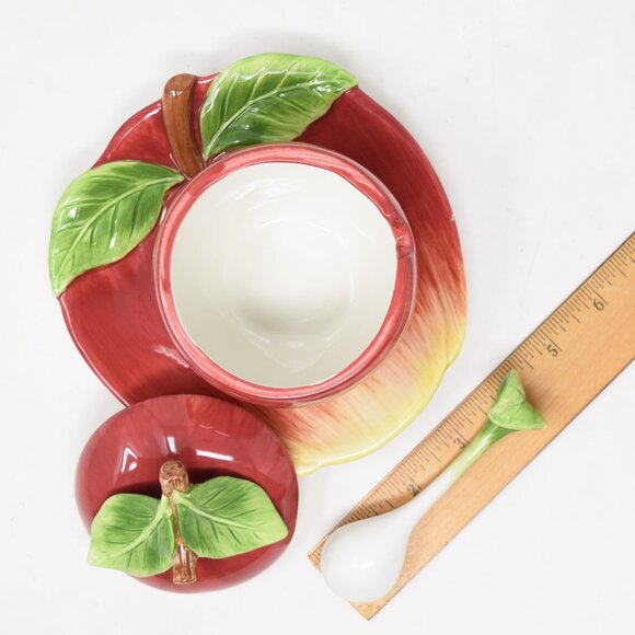 VTG Apple Shaped Jam Jar Lid Plate Spoon Cottagecore Farmhouse Granny Condiment - Picture 10 of 15